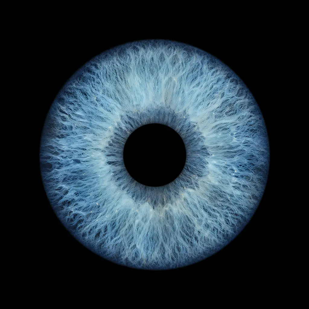 Rendered iris artwork in deep blue on black
